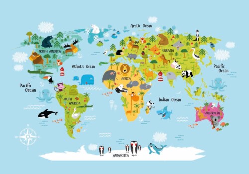 World Map Animals Colour - wanddecoratie kinderkamer